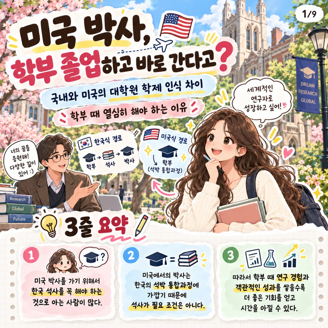 6. 미국 박사를 학부 졸업하고 바로 간다고? (국내와 미국의 대학원 학제 인식 차이, 학부때 열심히 해야 하는 이유) 카드뉴스 1장